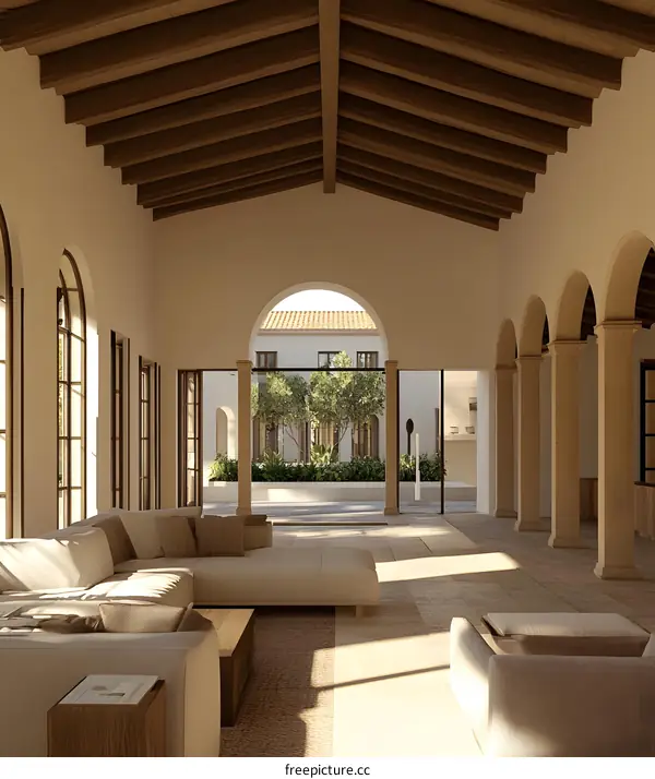 Modern Interior Design With Open Courtyard and Large Windows