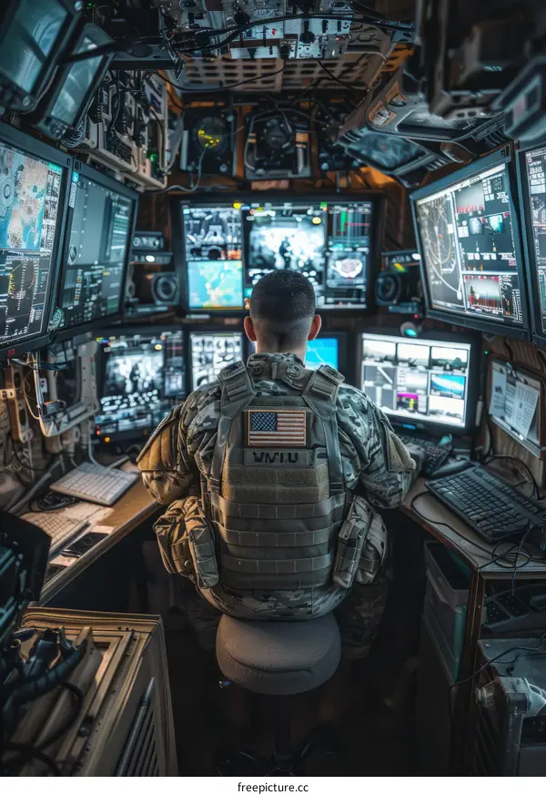 Soldier sitting in a room full of computer monitors