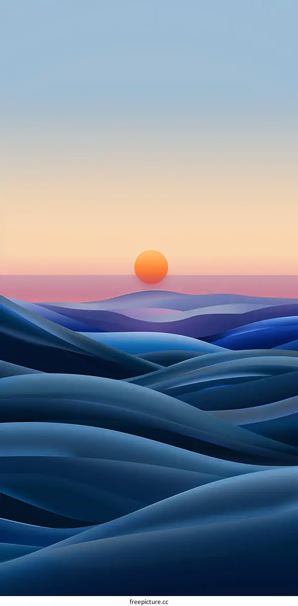 Abstract Sunset Landscape with Blue Hills and Orange Sun