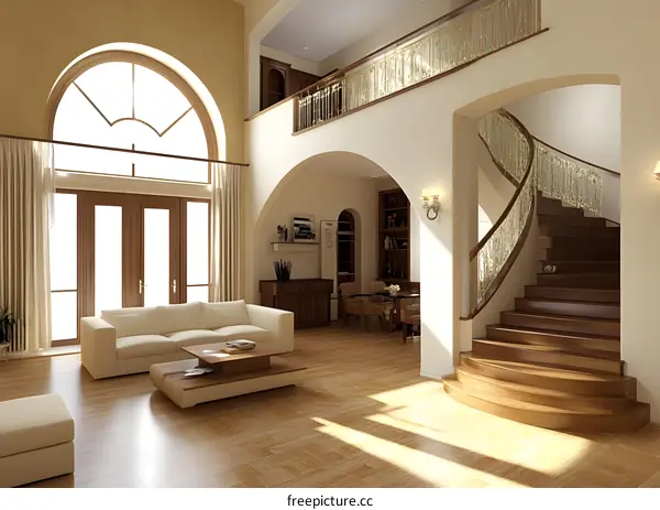 Modern Interior Design Living Room With Curved Staircase