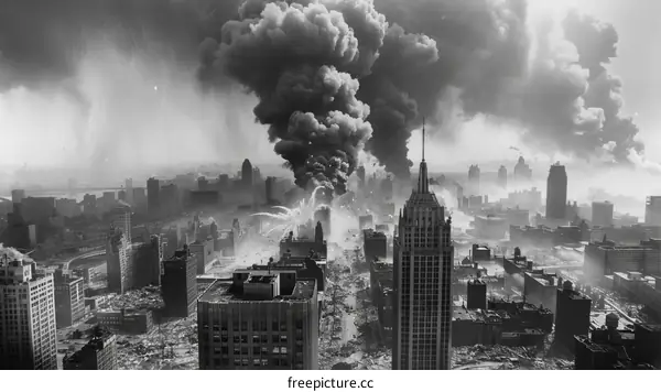 Black and white photo of a city in ruins after a bombing