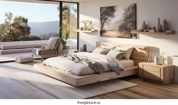 Modern bedroom with a large bed, a sitting area, and a view of the mountains