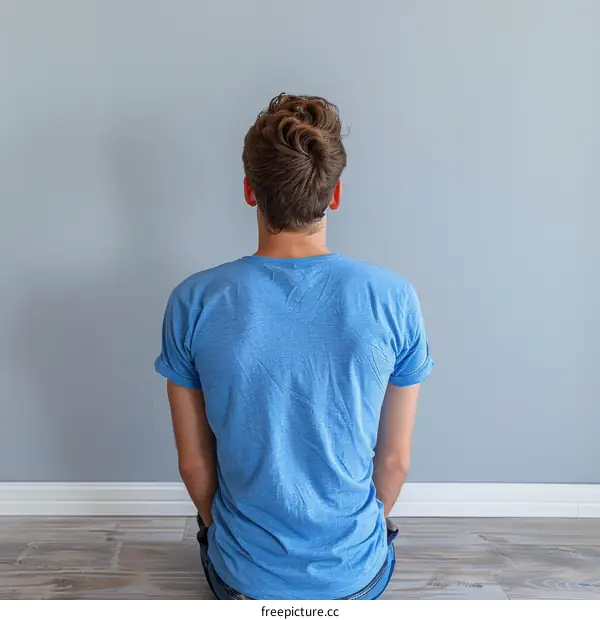 man in blue shirt sitting on the floor with his back to the camera