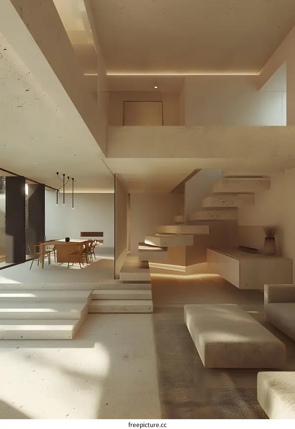 Modern Minimalist Home Interior Design With Concrete Stairs And Wooden Floor