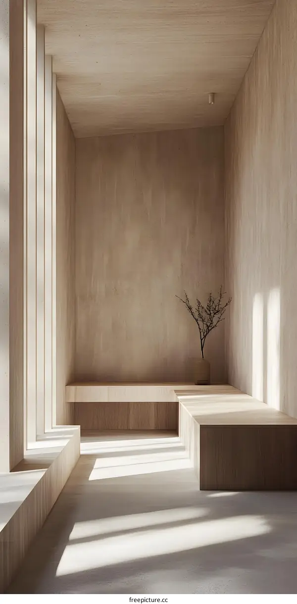 Minimalist Modern Interior Design with Wooden Bench and Branch in a Vase