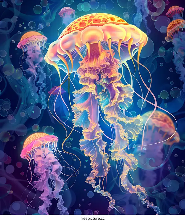 Colorful Jellyfish Underwater with Bubbles