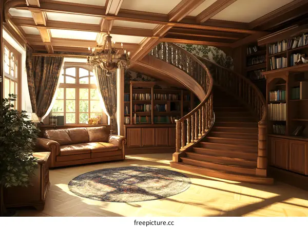 Classic Library Interior Design with Wooden Stairs and Chandelier