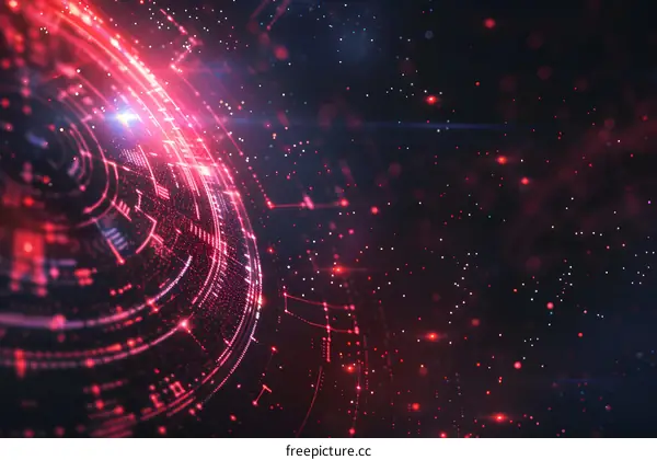 Abstract technology background with luminous red and pink neon circles and particles. Futuristic HUD user interface concept.