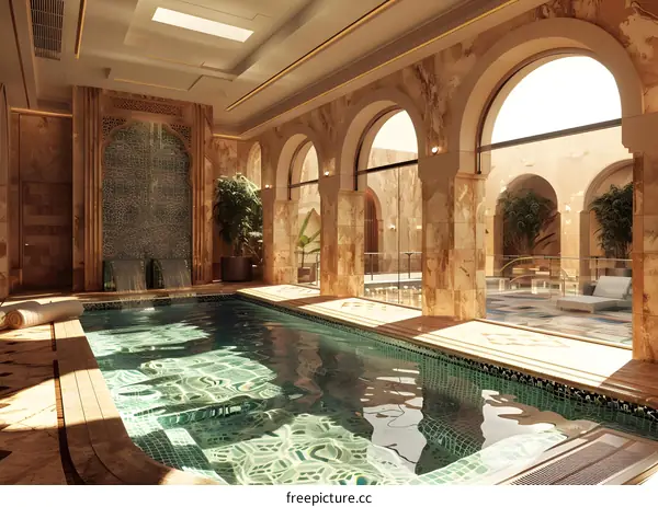 Indoor Swimming Pool With Arched Windows And Waterfall
