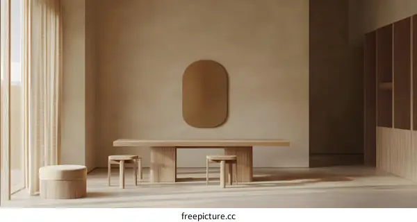 Minimalist Living Room Interior Design with Wooden Furniture and Oval Mirror