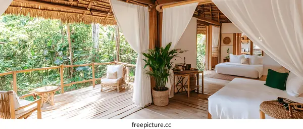 Jungle View Bedroom with Canopy Bed and Private Balcony