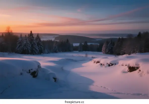Sunset over Snow-Covered Forested Hills with Soft Pink Skies