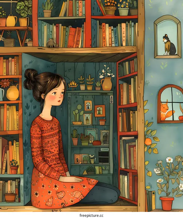 A girl sitting in a library with a cat looking through the window