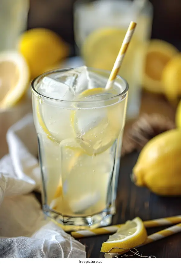 Glass of Refreshing Lemonade with Ice and Lemon Slices