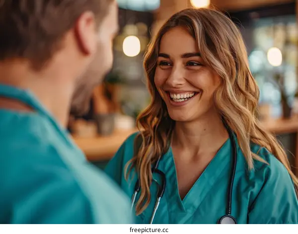 Two healthcare professionals having a friendly conversation