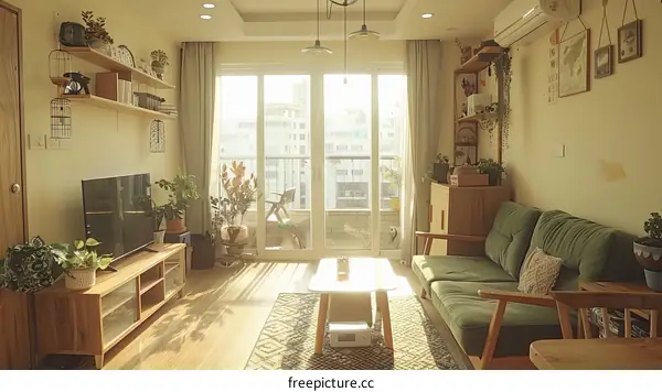 A cozy living room with a large window and a green sofa
