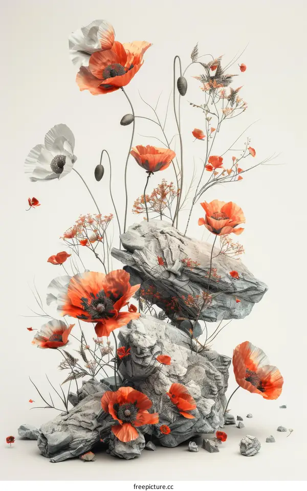 Orange and white poppies with rocks