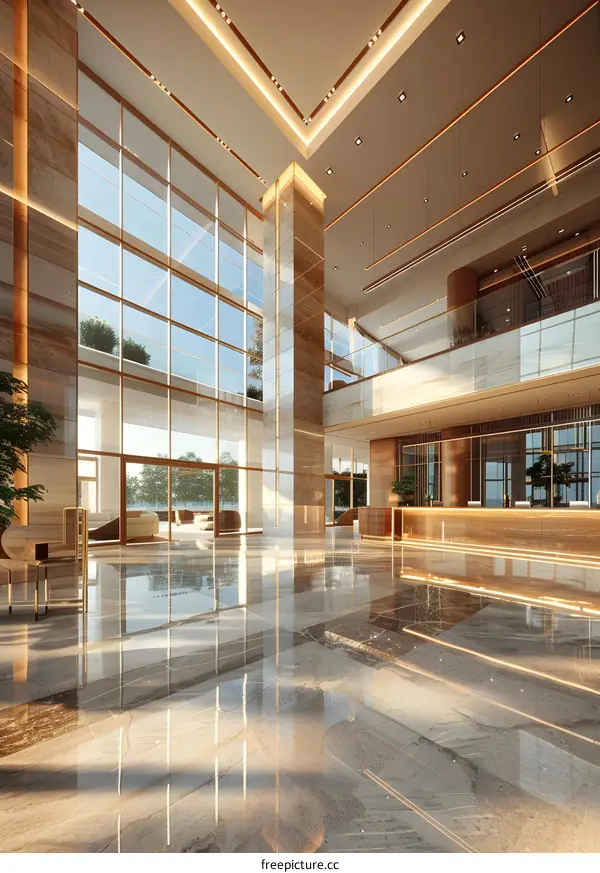 Spacious hotel lobby with marble floors and large windows