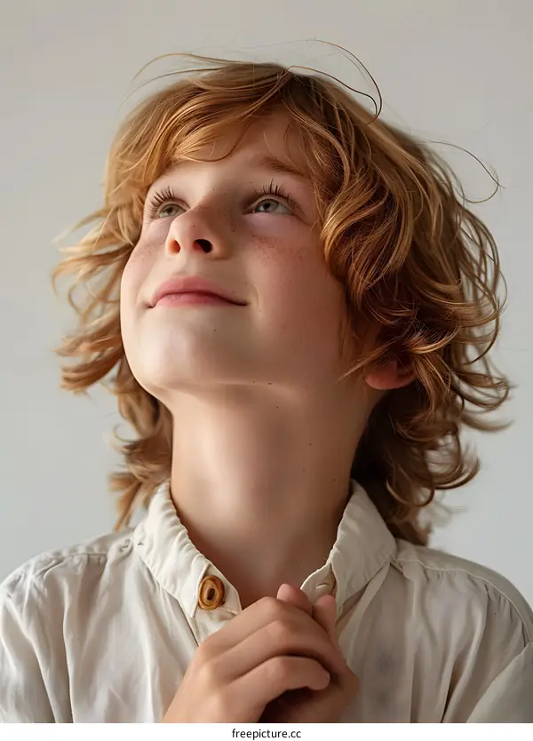 Portrait of a Young Boy With Red Hair Looking Up