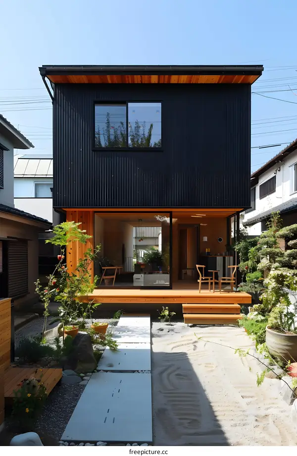 Modern Japanese House with Black Siding and Wooden Deck