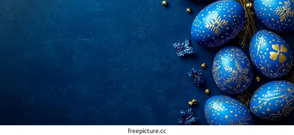 Blue Easter Eggs Decorated with Gold Designs on Dark Background