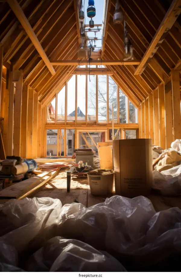 The wooden structure of a house under construction with a large window
