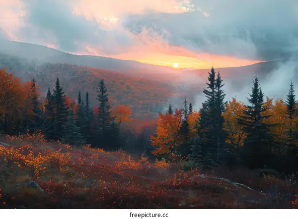vibrant autumn forest landscape with dense colorful trees and setting sun