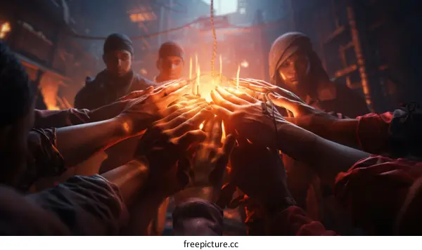 People of different ethnicities joining hands over a flame