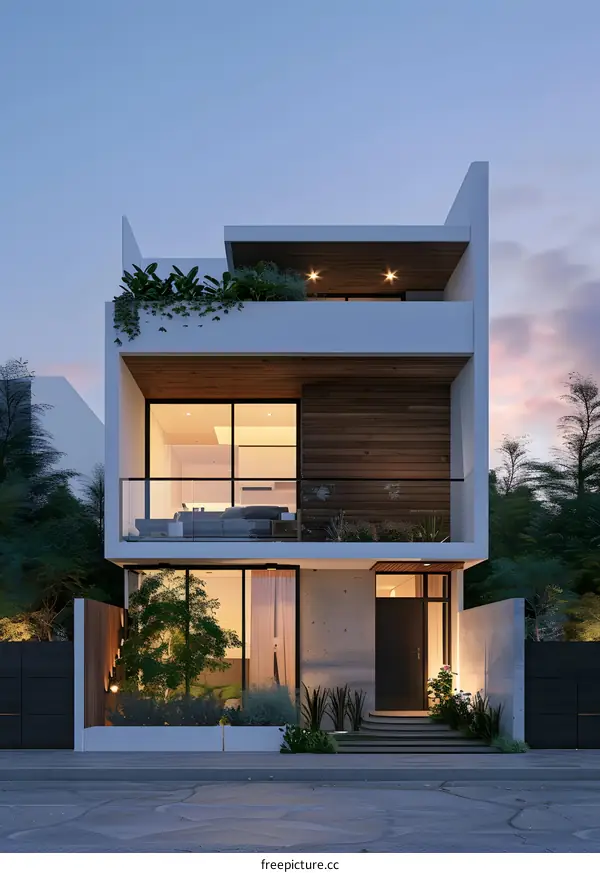 Modern Two Story House with Balcony and Garden Design