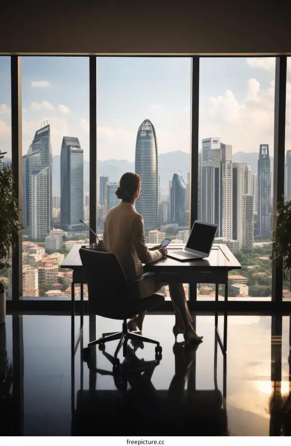 Ambitious Businesswoman Looking at Cityscape from Office Window