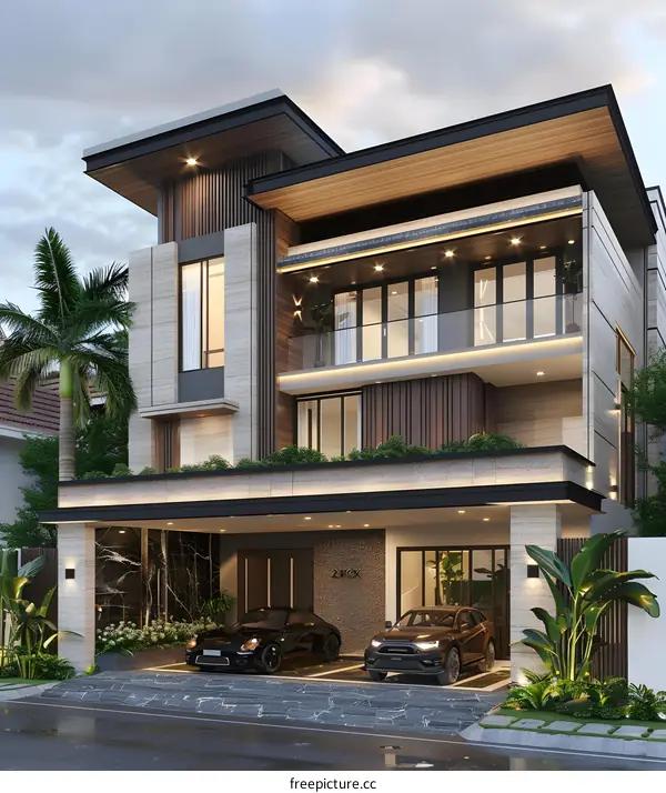 Modern Luxury Home with Garage and Green Plants