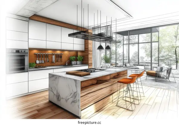 Modern Kitchen Design Sketch with Island and Bar Seating