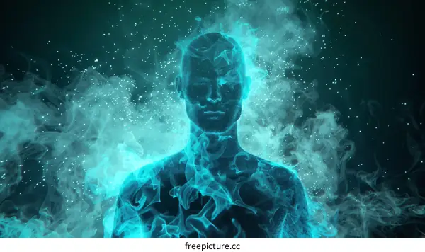 Blue translucent human figure made of particles