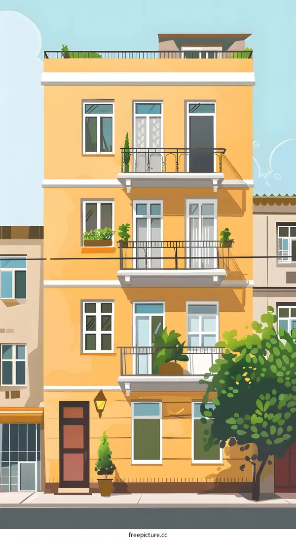 Yellow Building with Balcony and Windows