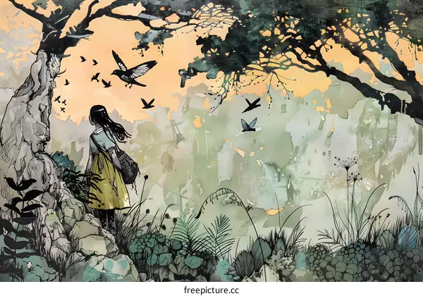 A Girl With Long Black Hair Stands In A Forest And Looks At The Sky