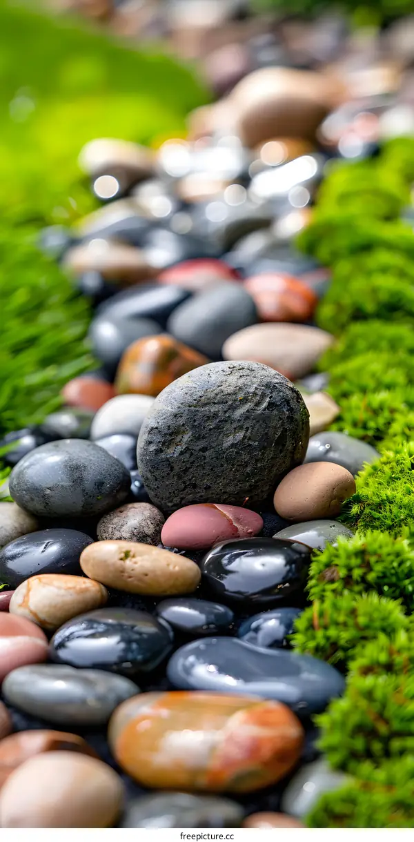 Smooth River Rocks in Green Moss