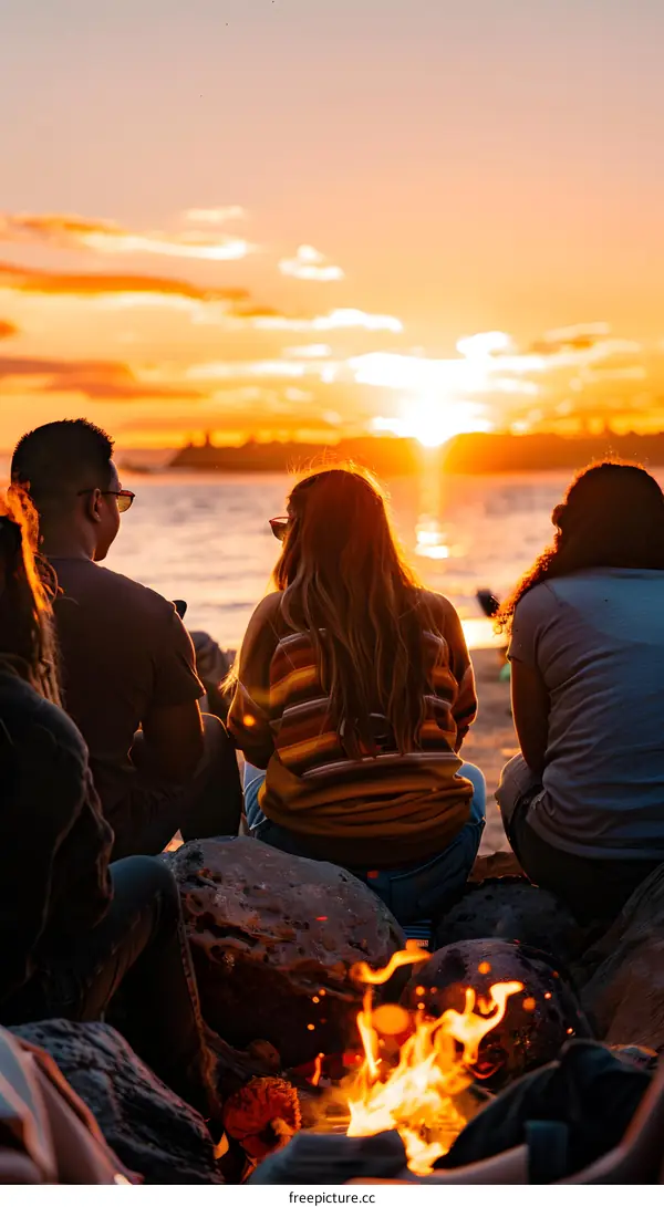 Friends Enjoying Bonfire By The Beach At Sunset