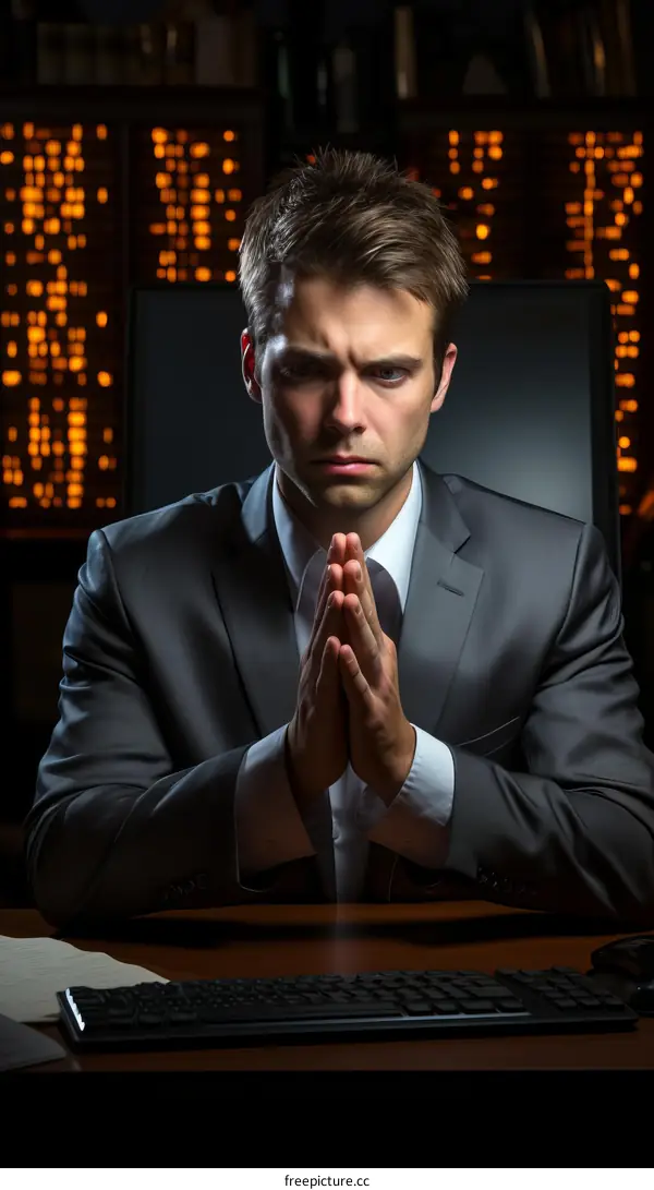 A young businessman sits at his desk in a dark office with his hands clasped together and a serious look on his face