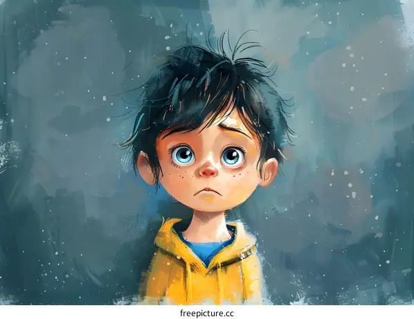 sad boy in yellow raincoat looking up