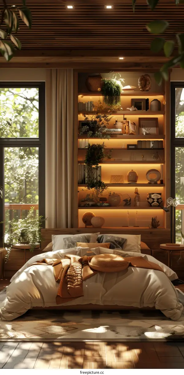 Cozy Wooden Bedroom with Sunlight and Plants