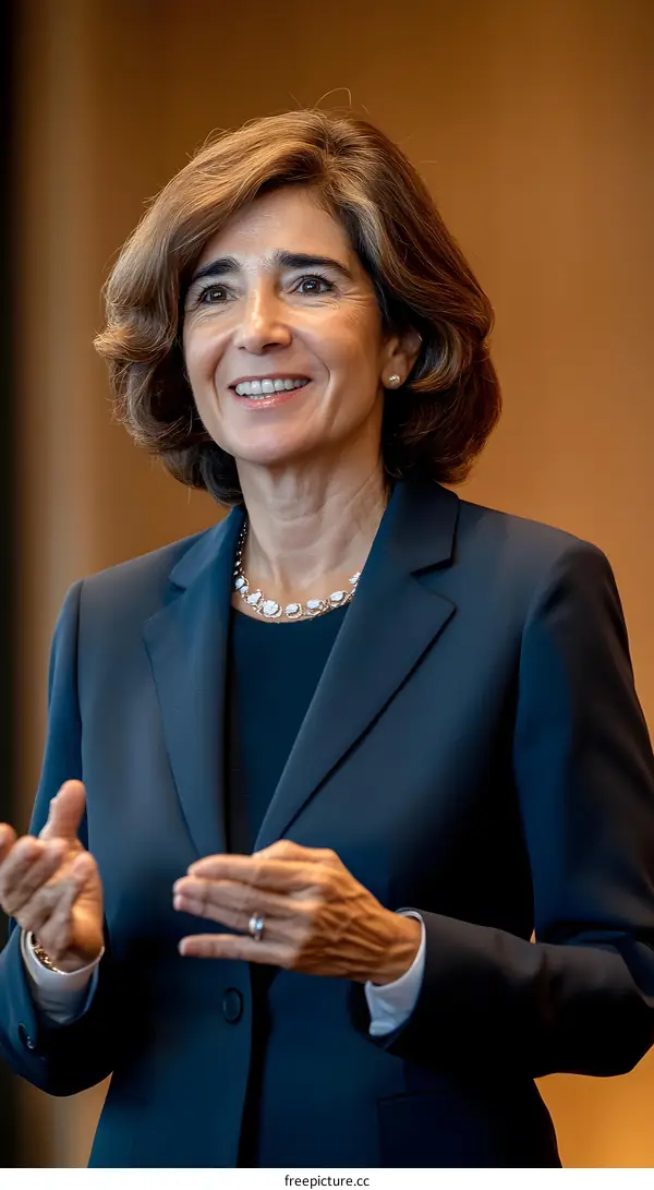 Smiling Woman in a Blue Suit Speaking
