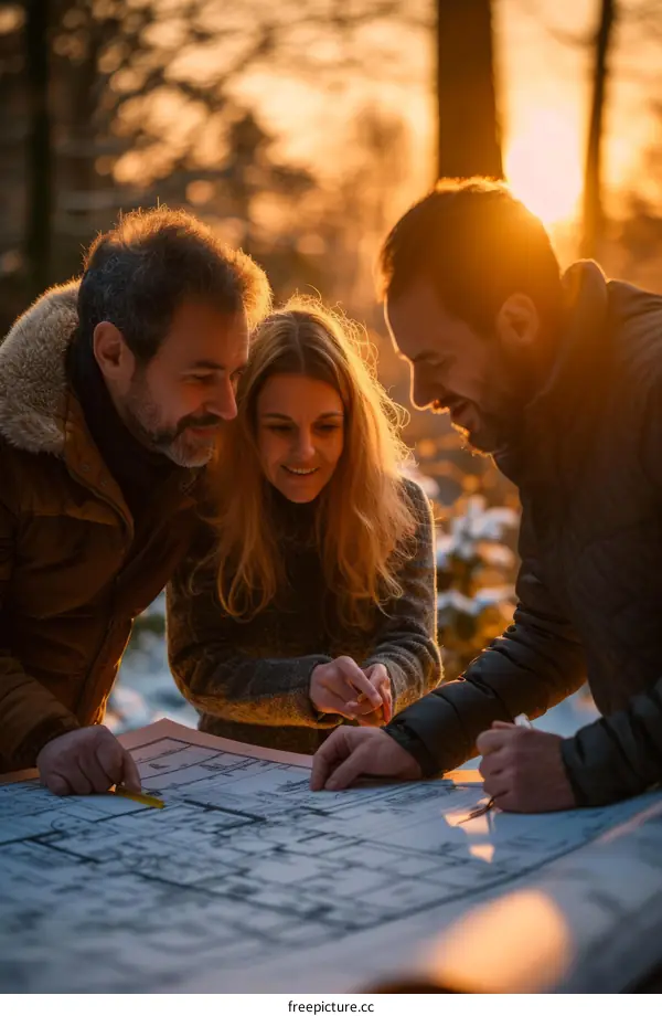 Three people looking at a blueprint in the woods
