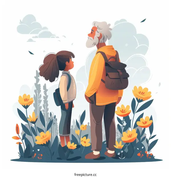 Grandfather and granddaughter in a field of flowers