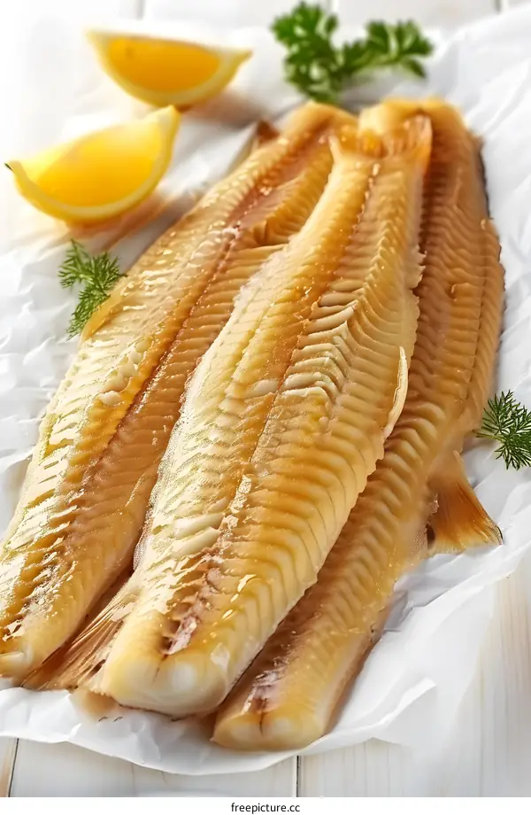 smoked cod fish fillets with lemon wedges and dill