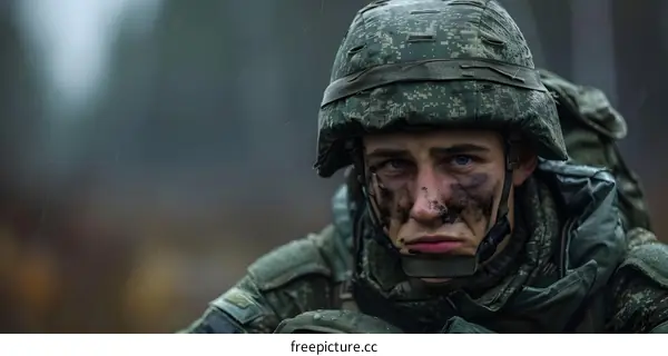 Portrait of a soldier wearing a green helmet and camouflage