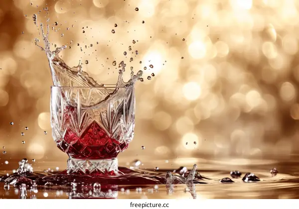 Red Liquid Splashing Out of a Glass on a Reflective Surface with a Golden Background