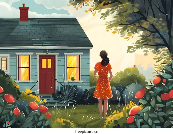 woman standing in front of a house looking at the sunset