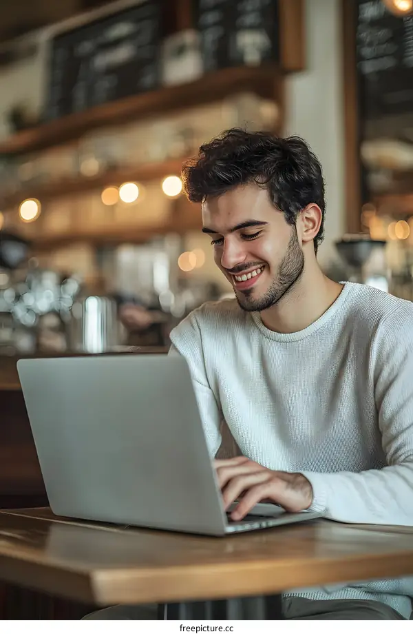 Smiling Man Using Laptop In Cafe