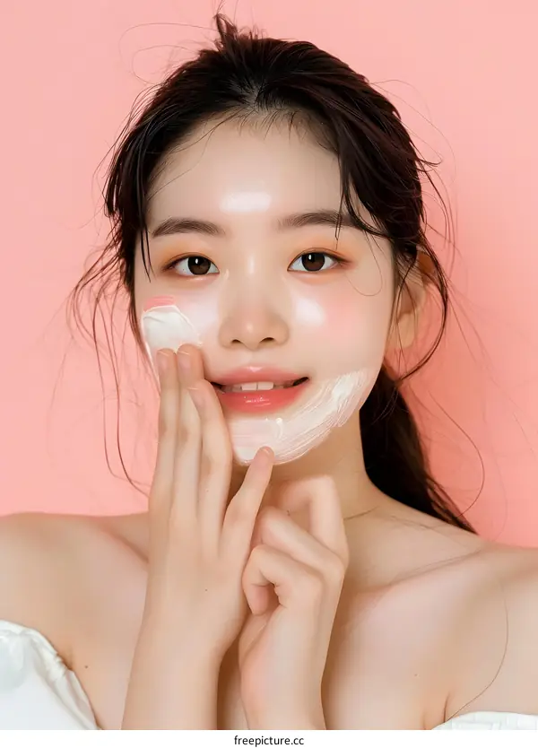 Young Asian Woman Applying Facial Mask on Pink Background