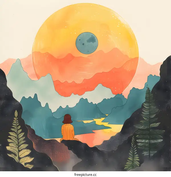 Woman Sitting and Looking at the Distant Mountains and a Big Sun in the Sky